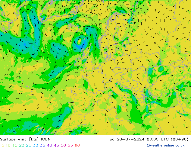 Wind 10 m ICON za 20.07.2024 00 UTC