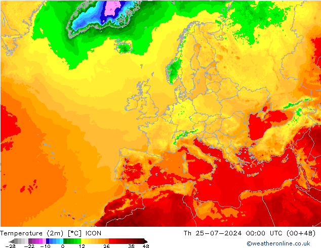 Temperatuurkaart (2m) ICON do 25.07.2024 00 UTC