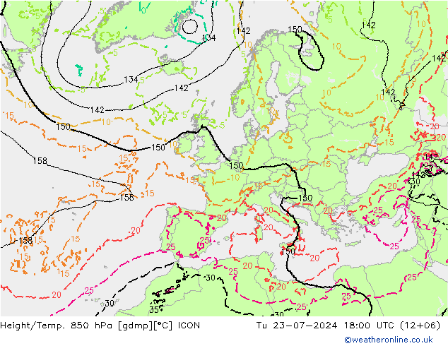 Hoogte/Temp. 850 hPa ICON di 23.07.2024 18 UTC