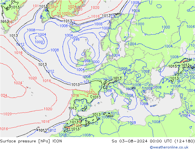 地面气压 ICON 星期六 03.08.2024 00 UTC