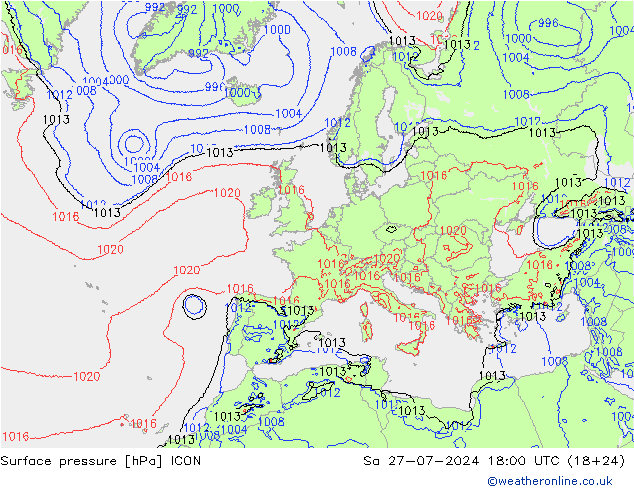 Surface pressure ICON Sa 27.07.2024 18 UTC