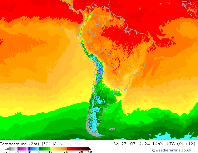 温度图 ICON 星期六 27.07.2024 12 UTC