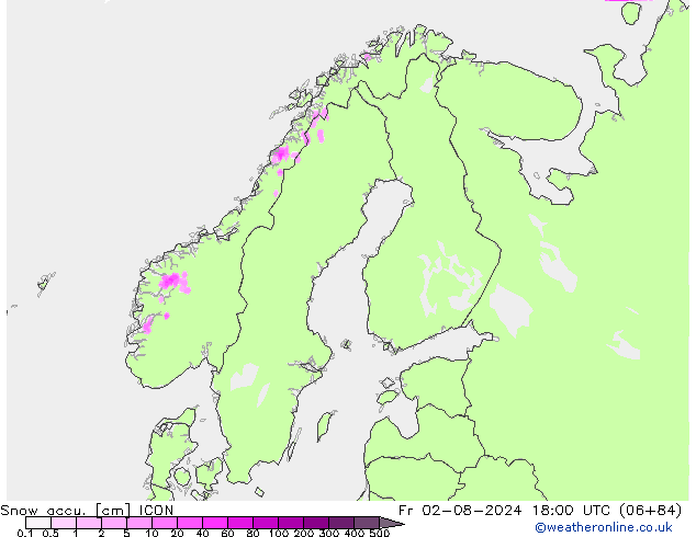 Snow accu. ICON 星期五 02.08.2024 18 UTC