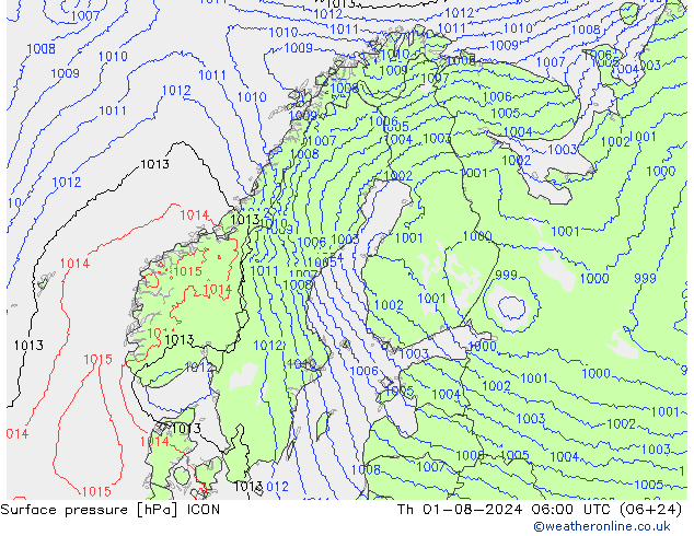 地面气压 ICON 星期四 01.08.2024 06 UTC