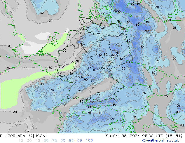 RH 700 hPa ICON 星期日 04.08.2024 06 UTC