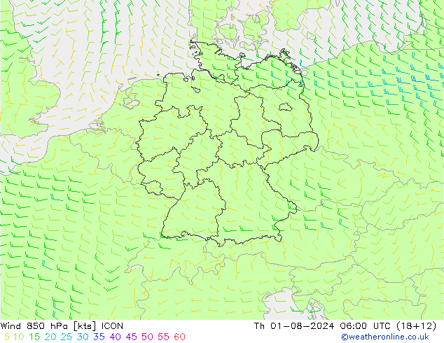 风 850 hPa ICON 星期四 01.08.2024 06 UTC