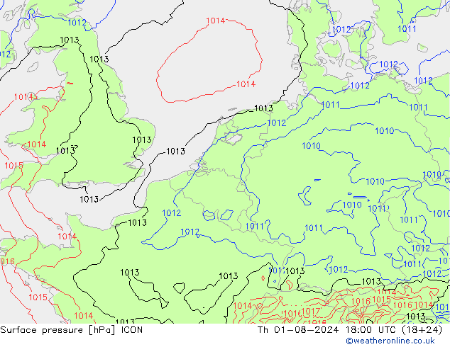 Luchtdruk (Grond) ICON do 01.08.2024 18 UTC