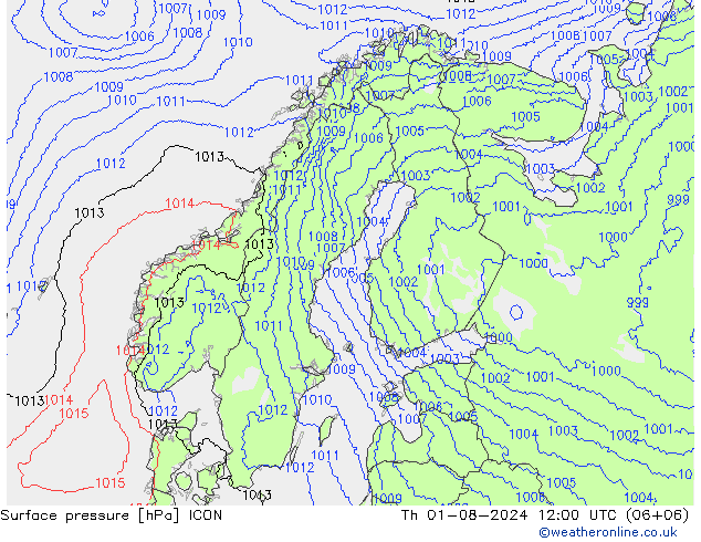 地面气压 ICON 星期四 01.08.2024 12 UTC