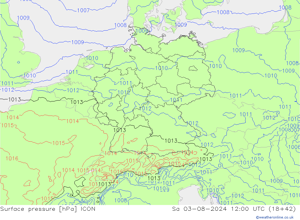 地面气压 ICON 星期六 03.08.2024 12 UTC