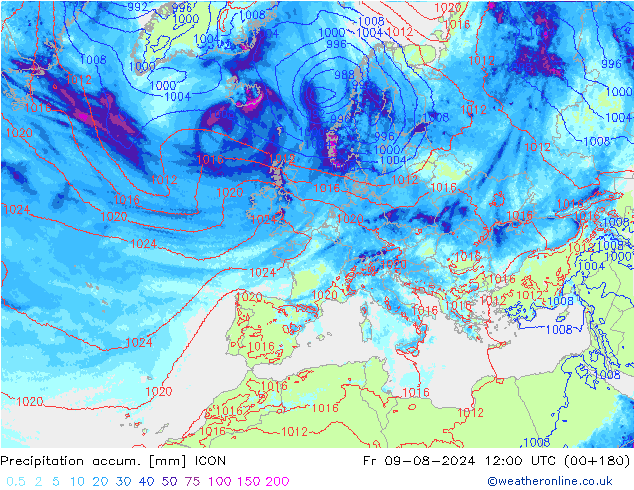 Totale neerslag ICON vr 09.08.2024 12 UTC