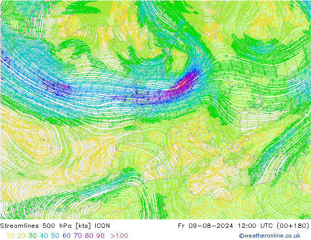 Stroomlijn 500 hPa ICON vr 09.08.2024 12 UTC