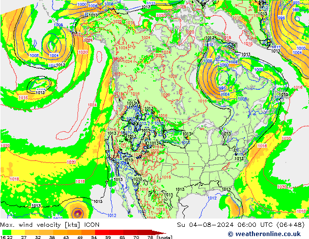 Max. wind snelheid ICON zo 04.08.2024 06 UTC