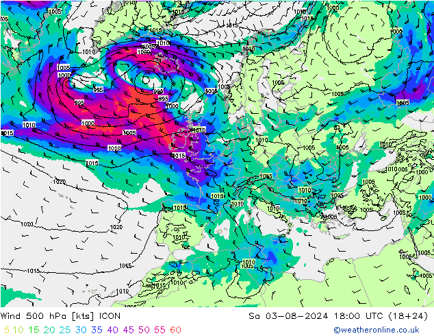 风 500 hPa ICON 星期六 03.08.2024 18 UTC