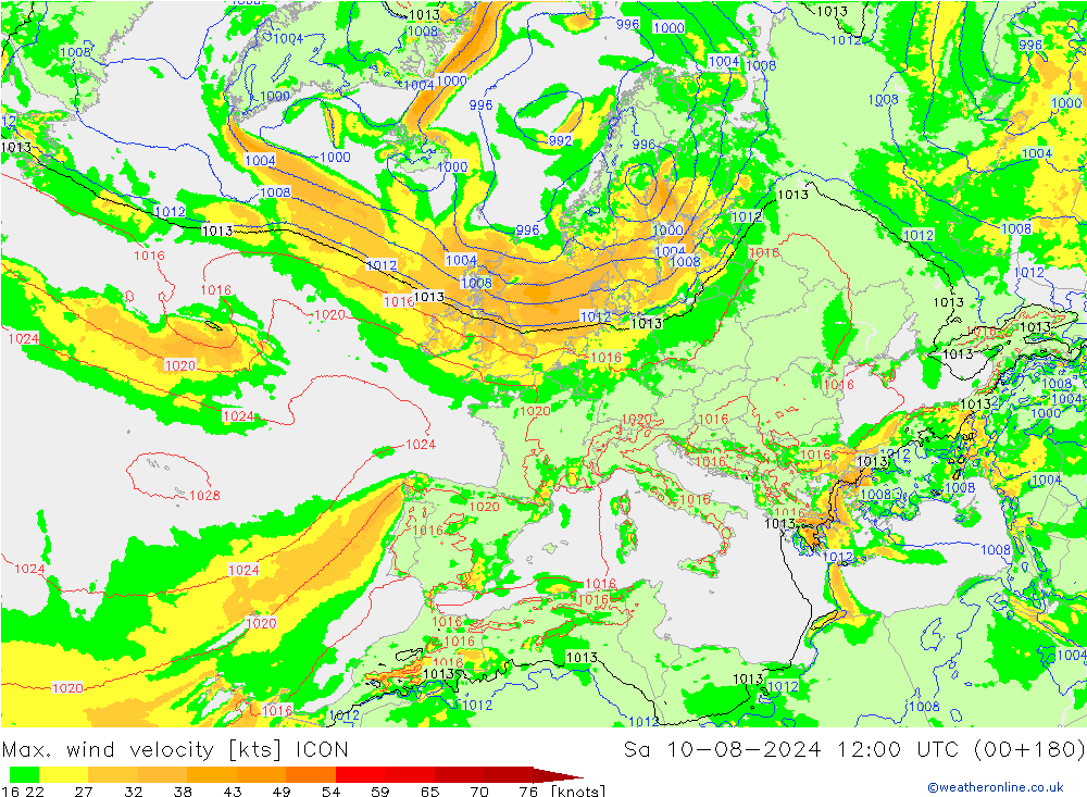 Max. wind snelheid ICON za 10.08.2024 12 UTC