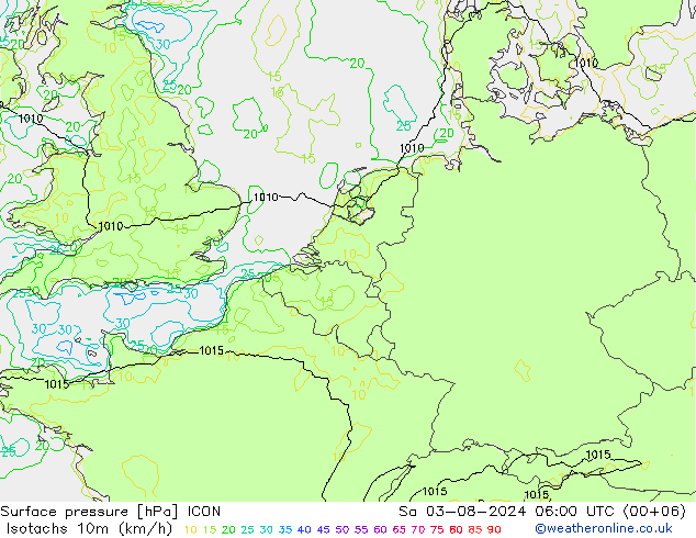 Isotachen (km/h) ICON za 03.08.2024 06 UTC