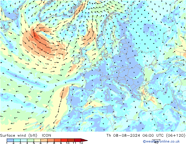 Wind 10 m (bft) ICON do 08.08.2024 06 UTC