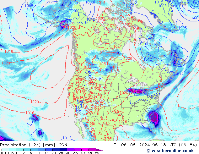 降水量 (12h) ICON 星期二 06.08.2024 18 UTC