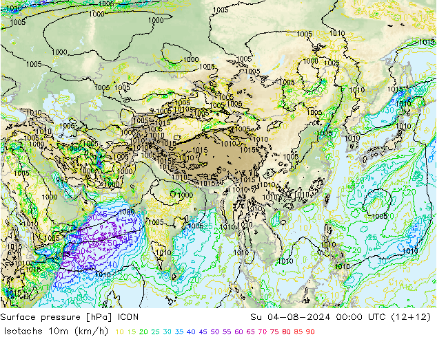 Isotachen (km/h) ICON zo 04.08.2024 00 UTC