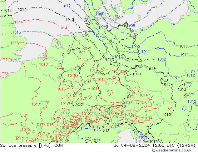 Luchtdruk (Grond) ICON zo 04.08.2024 12 UTC