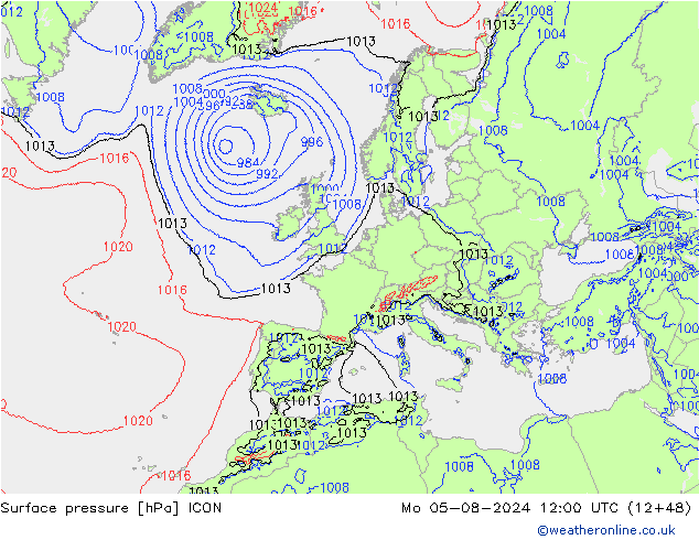 Luchtdruk (Grond) ICON ma 05.08.2024 12 UTC
