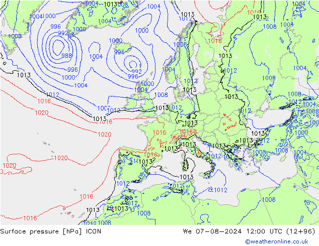 Luchtdruk (Grond) ICON wo 07.08.2024 12 UTC