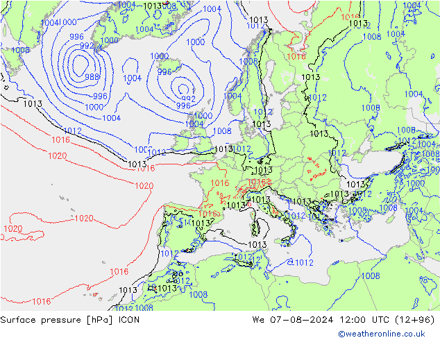 地面气压 ICON 星期三 07.08.2024 12 UTC