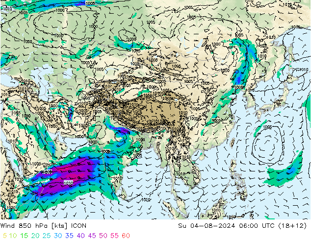 Wind 850 hPa ICON zo 04.08.2024 06 UTC