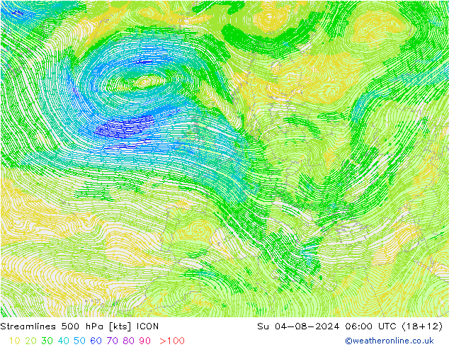 Stroomlijn 500 hPa ICON zo 04.08.2024 06 UTC