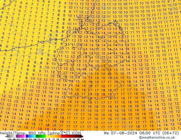 Hoogte/Temp. 850 hPa ICON wo 07.08.2024 06 UTC