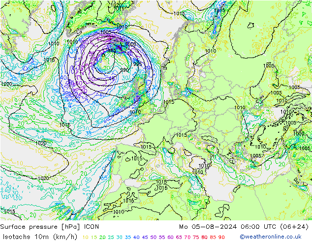 10米等风速线 (kph) ICON 星期一 05.08.2024 06 UTC