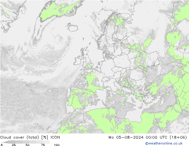 Bewolking (Totaal) ICON ma 05.08.2024 00 UTC