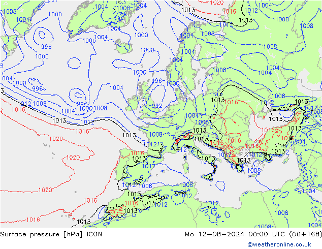 地面气压 ICON 星期一 12.08.2024 00 UTC