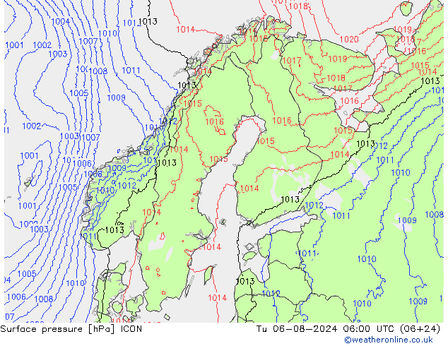 地面气压 ICON 星期二 06.08.2024 06 UTC
