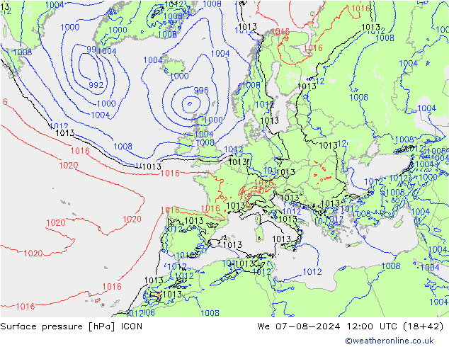 地面气压 ICON 星期三 07.08.2024 12 UTC