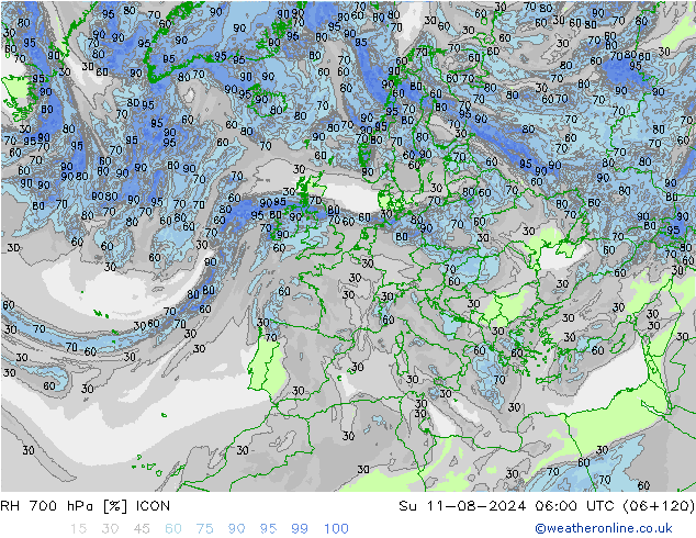 RH 700 hPa ICON 星期日 11.08.2024 06 UTC