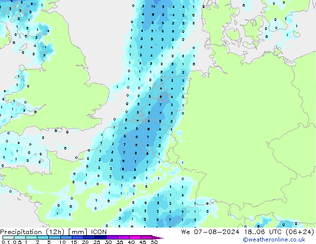 降水量 (12h) ICON 星期三 07.08.2024 06 UTC