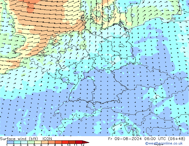 Wind 10 m (bft) ICON vr 09.08.2024 06 UTC