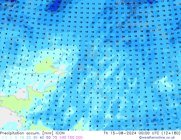 Totale neerslag ICON do 15.08.2024 00 UTC