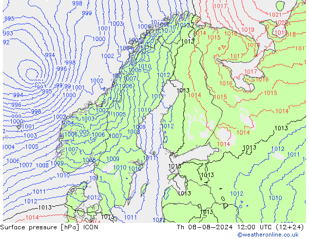 Luchtdruk (Grond) ICON do 08.08.2024 12 UTC