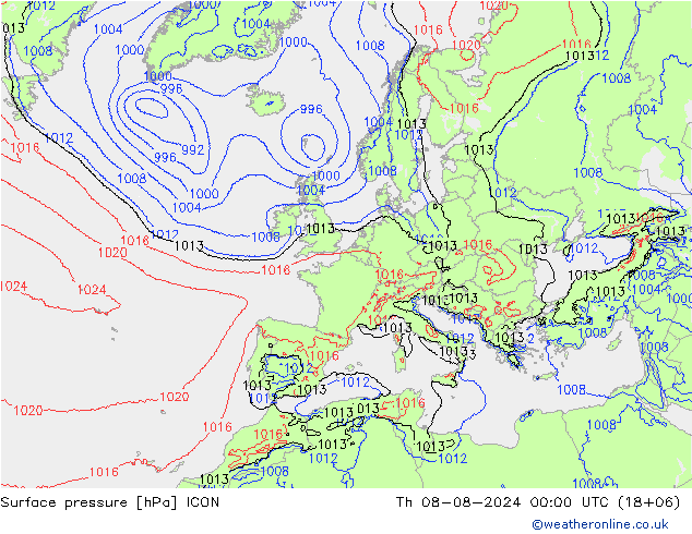 地面气压 ICON 星期四 08.08.2024 00 UTC