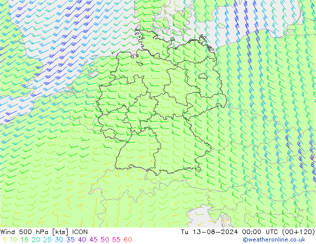 Wind 500 hPa ICON di 13.08.2024 00 UTC