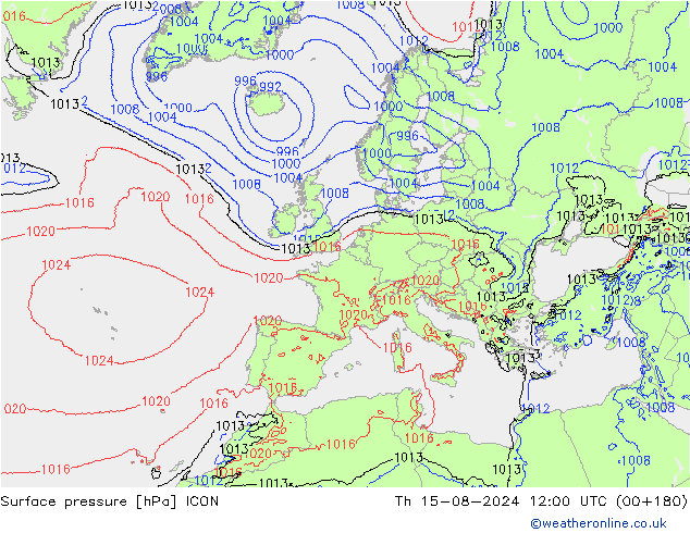 地面气压 ICON 星期四 15.08.2024 12 UTC