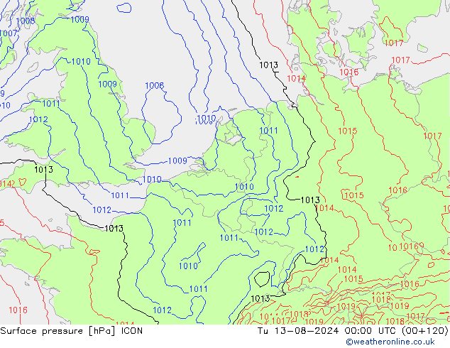 地面气压 ICON 星期二 13.08.2024 00 UTC