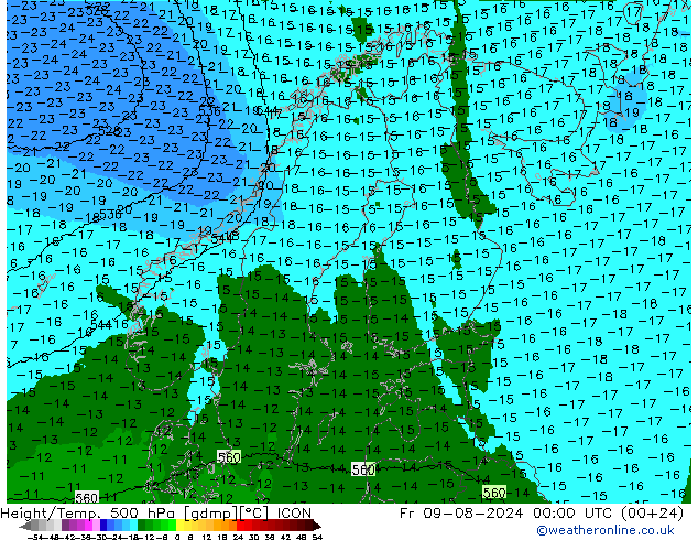 Height/Temp. 500 hPa ICON 星期五 09.08.2024 00 UTC