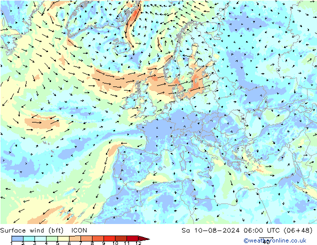 Wind 10 m (bft) ICON za 10.08.2024 06 UTC