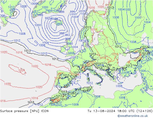 Luchtdruk (Grond) ICON di 13.08.2024 18 UTC