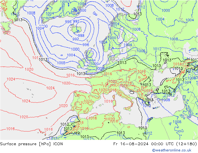 地面气压 ICON 星期五 16.08.2024 00 UTC