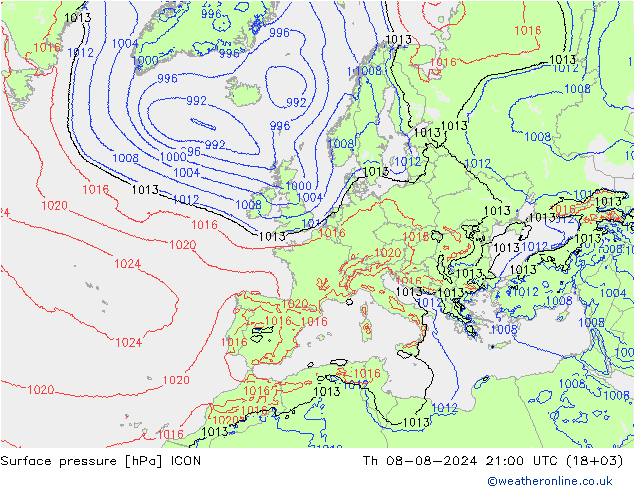 Luchtdruk (Grond) ICON do 08.08.2024 21 UTC