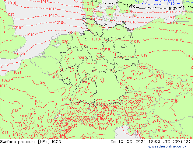 地面气压 ICON 星期六 10.08.2024 18 UTC