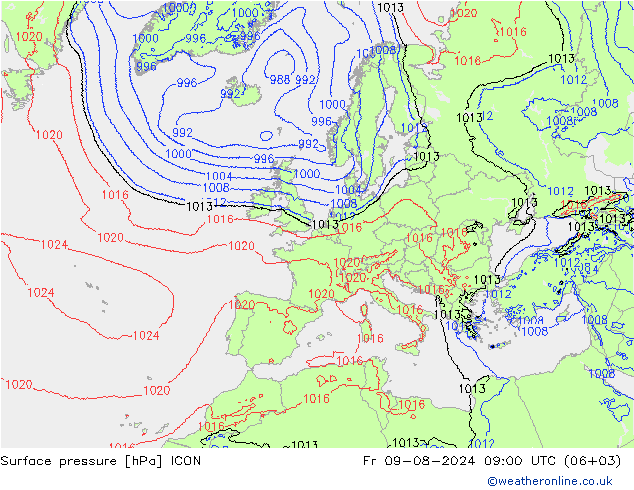 地面气压 ICON 星期五 09.08.2024 09 UTC